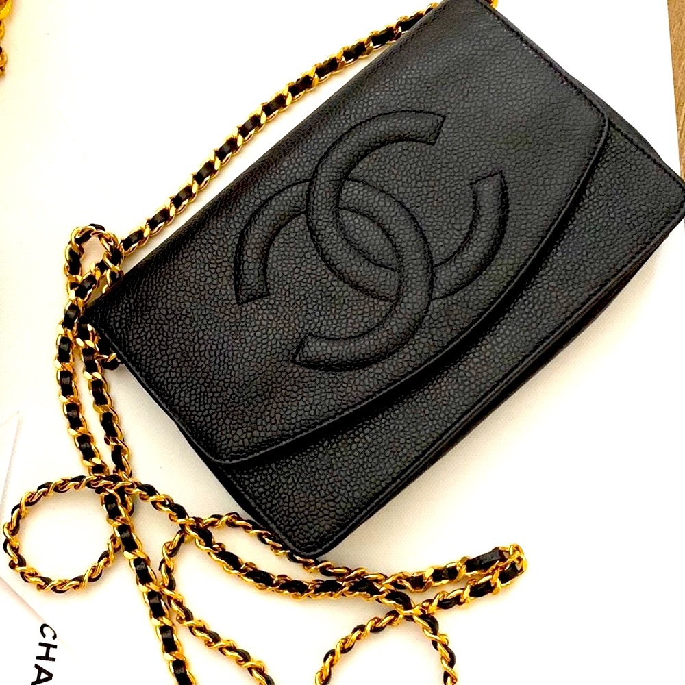 🦄🖤 CHANEL RARE Vintage “3 Series” Secret Wallet Chain WOC Leather Gold HW Bag
